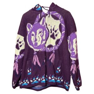 Vintage Yari Artesanias Size XL Wool Wolf Dreamcatcher Zip Purple Hoodie Ecuador
